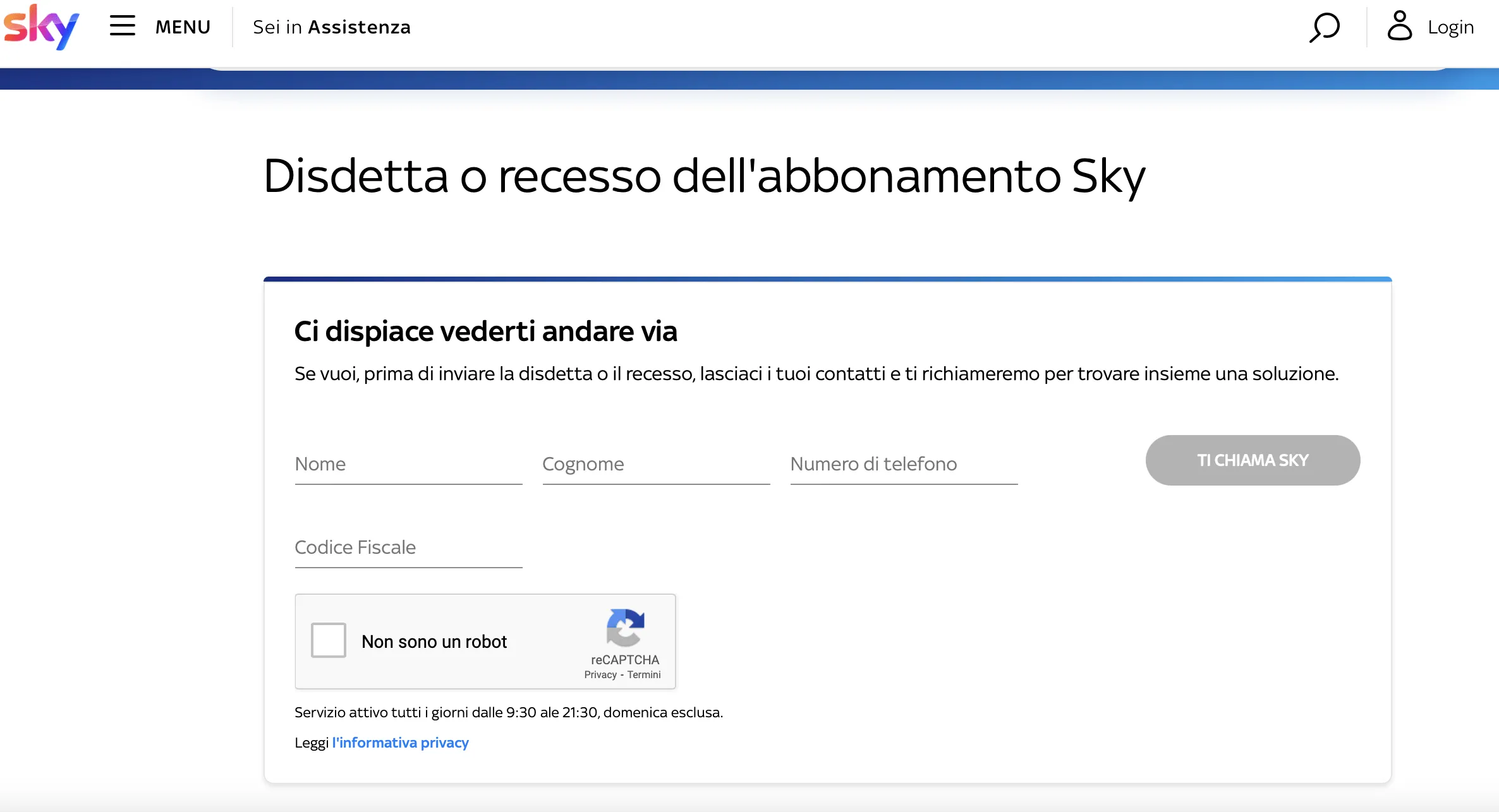 disdetta sky motivo recesso