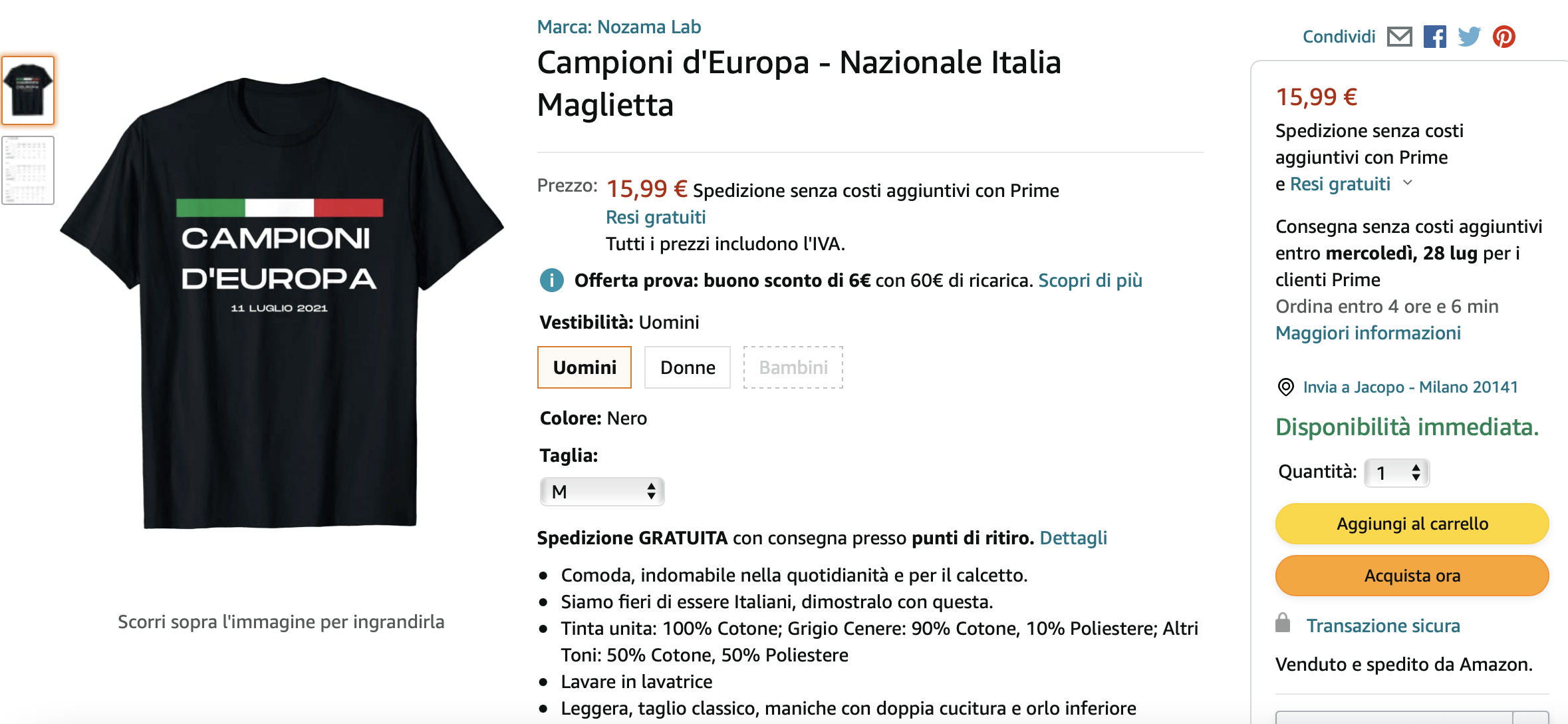 maglietta italia campioni d'europa
