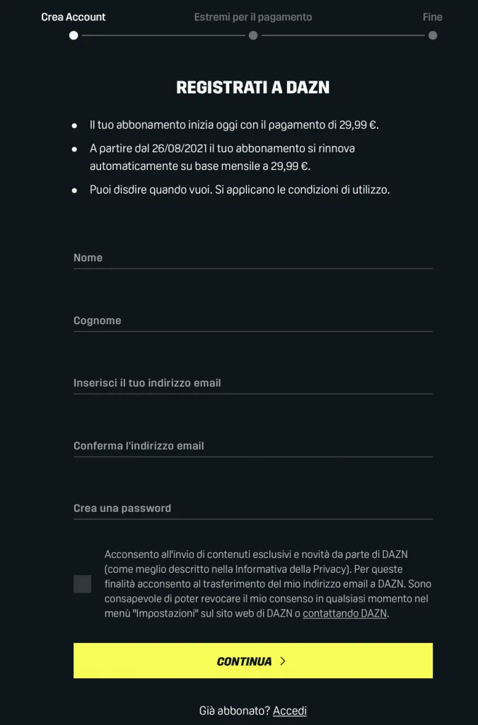 dati richiesti abbonamento dazn